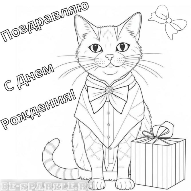 Раскраска открытка с днем рождения кот в бабочке с подарком