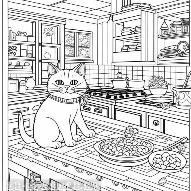 раскраска кот на кухне