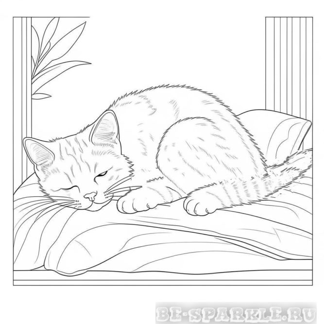 раскраска кошка спит на кровати