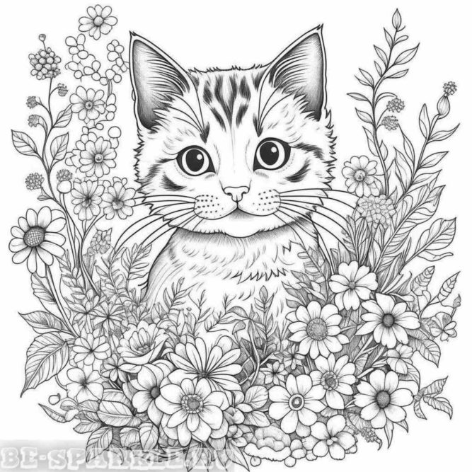 раскраска котик сидит в цветах