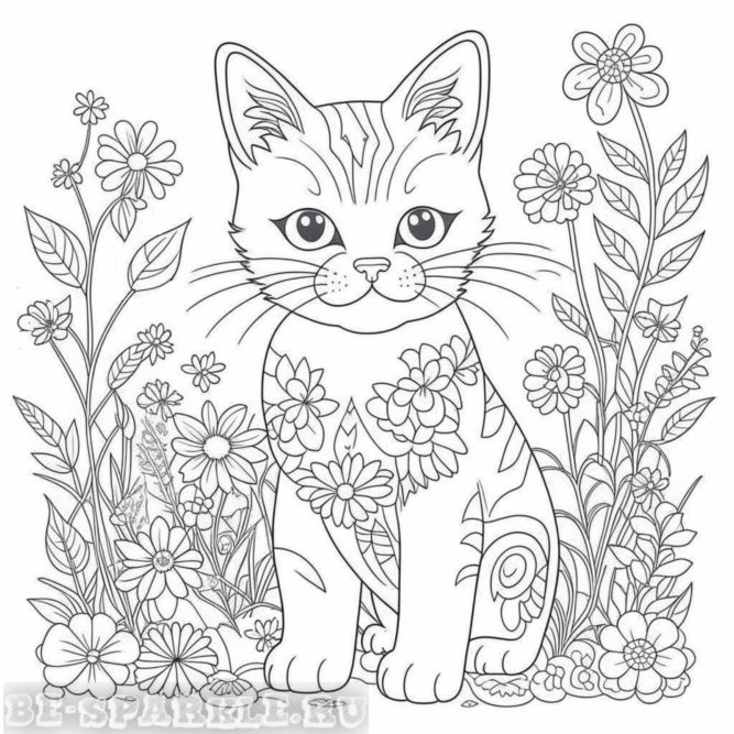 раскраска на котенке нарисованы цветы