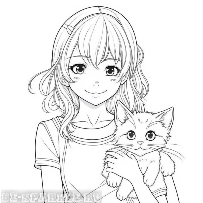 девочка с котенком раскраска для детей