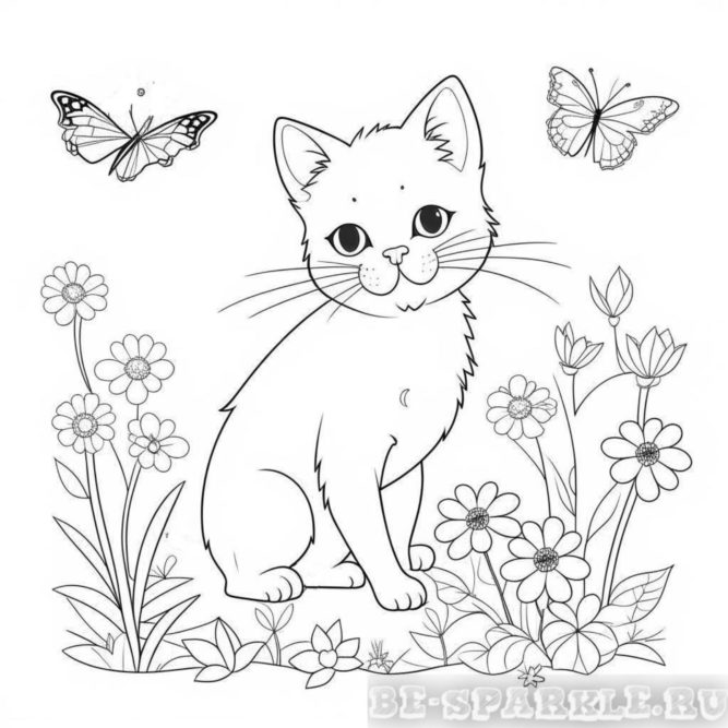раскраска кошка с бабочками в цветах