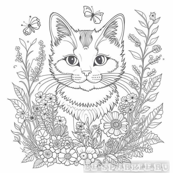 раскраска котенок среди цветов и листьев