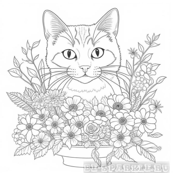 раскраска голова кошки у вазона с цветами