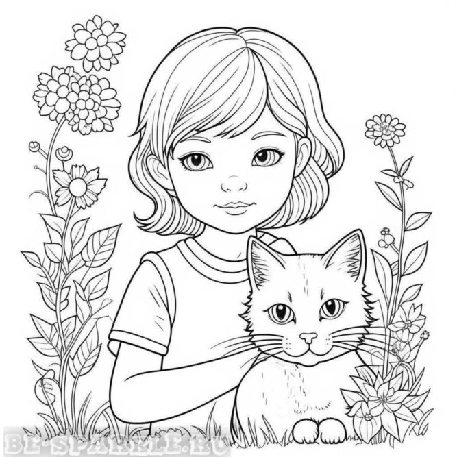 раскраска девочка с кошкой с цветами