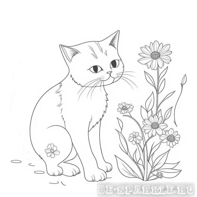 раскраска кошка рядом с ромашкой