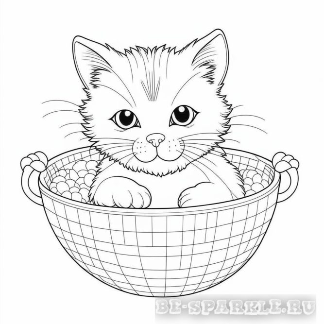 раскраска котик забрался в корзинке с ягодами