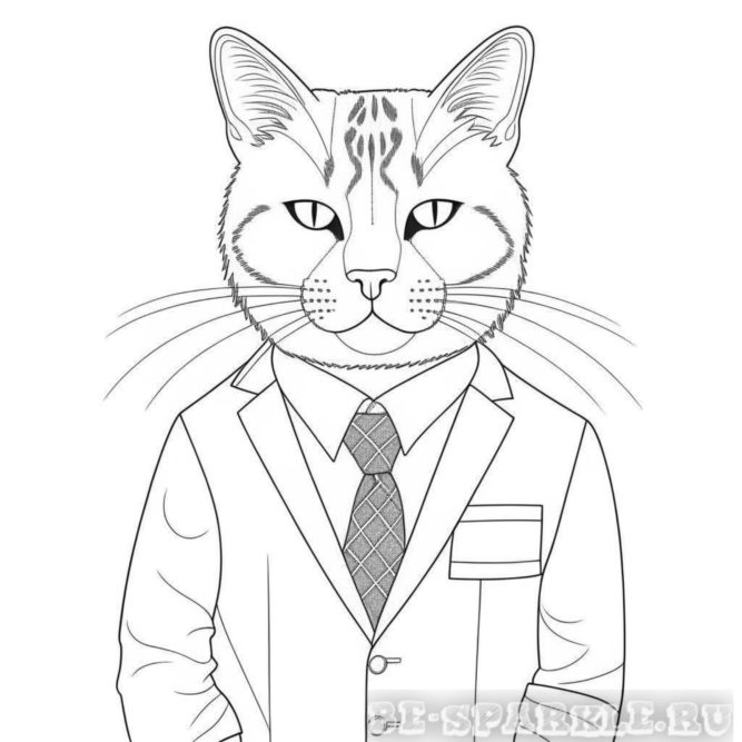 раскраска кот в рубашке с галстуком и пиджаке
