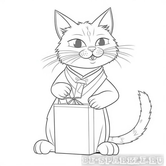 раскраска кот с бумажным пакетом