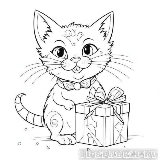раскраска котик с подарком