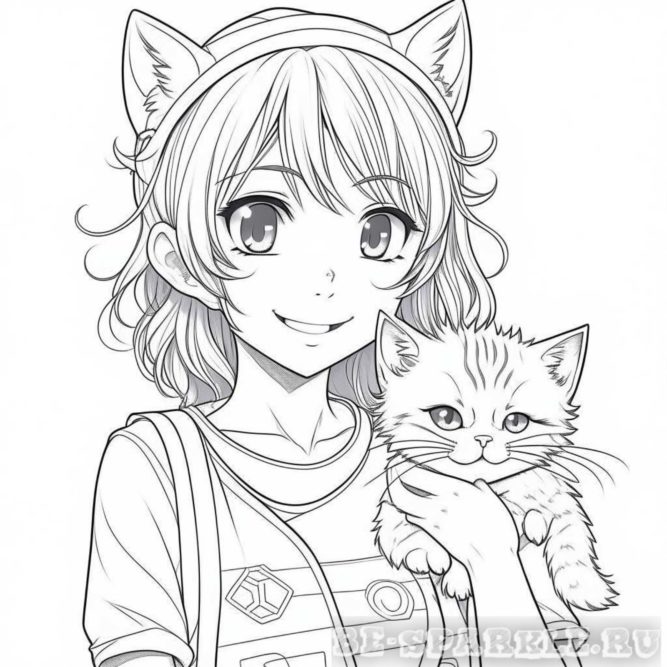раскраска девочка в ушках котика с котенком