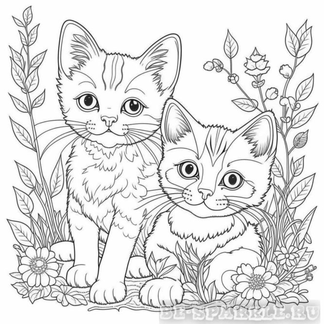 раскраска два котенка на природе