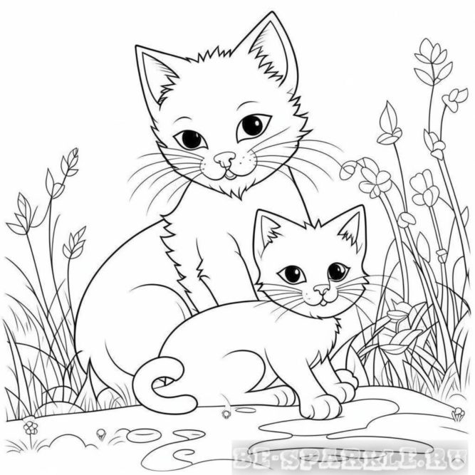 раскраска кошка с котенком в траве