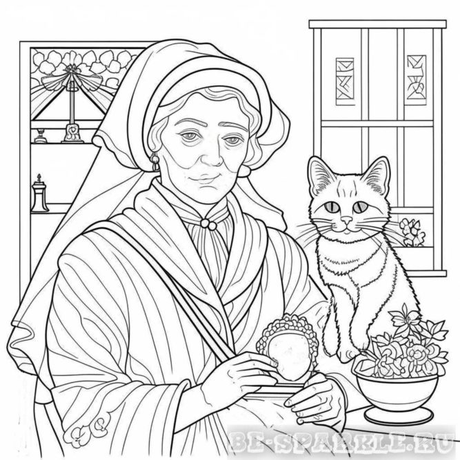 раскраска бабушка с котиком