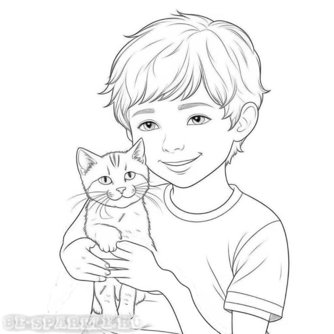 раскраска котенок в руках у мальчика