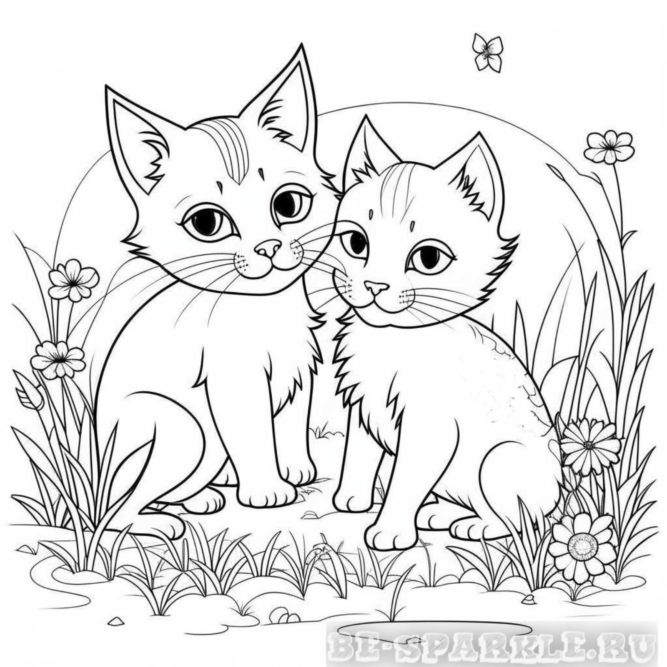 раскраска два котика летом в траве