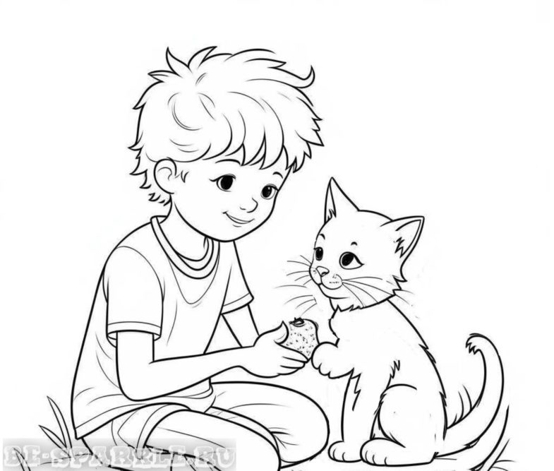 раскраска мальчик угощает кошку пирожным