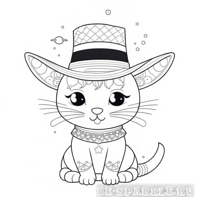 раскраска для ребенка котик в шляпе