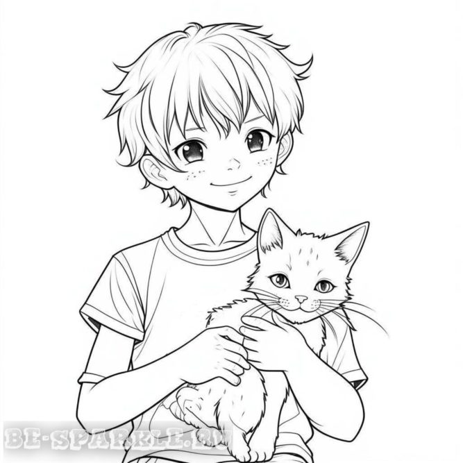 раскраска мальчик держит котенка в руках