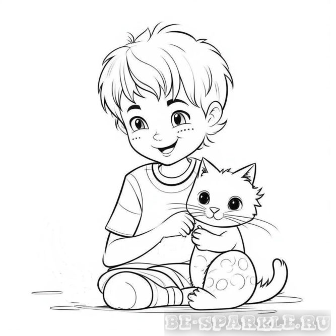 раскраска мальчик с котенком