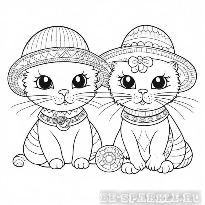 раскраска кошечка и котик в шляпках