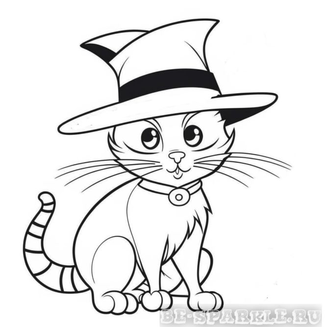 раскраска котик с длинными усами в шляпе