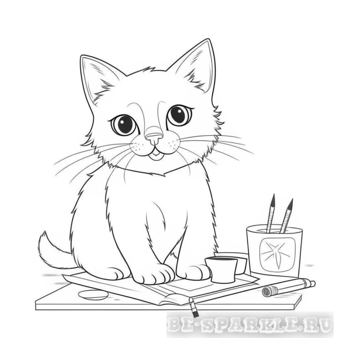 Раскраска котенок сидит на тетрадке