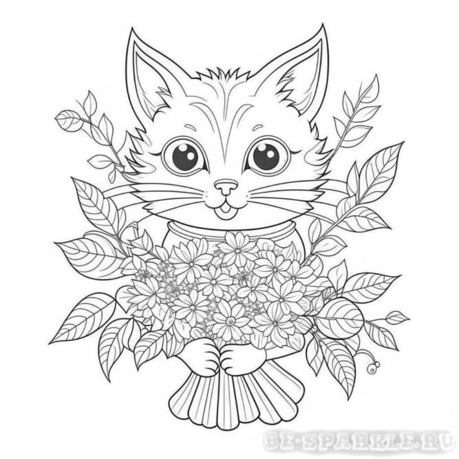 раскраска котик с букетом цветов