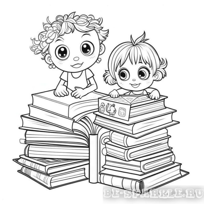Раскраска малыши с книгами