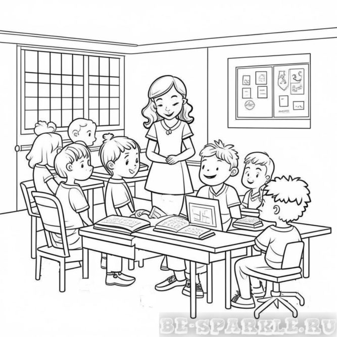 раскраска учительница в классе с детьми