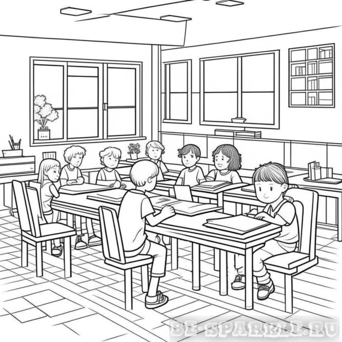 раскраска дети в школе сидят за столом