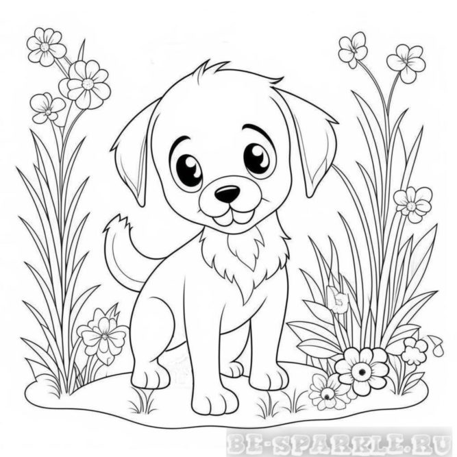 раскраска милый щенок на цветочной поляне