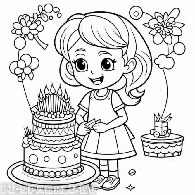 день рождения раскраска девочка с тортом со свечами