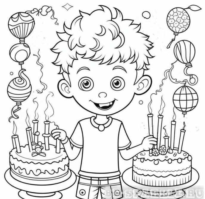 раскраска день рождения мальчик с тортами