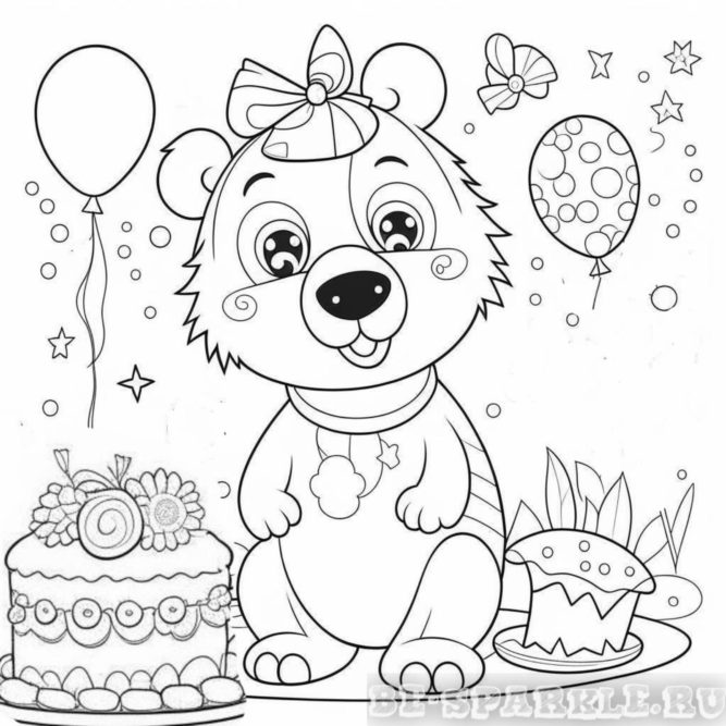 раскраска ко дню рождения медвежонок с тортиком