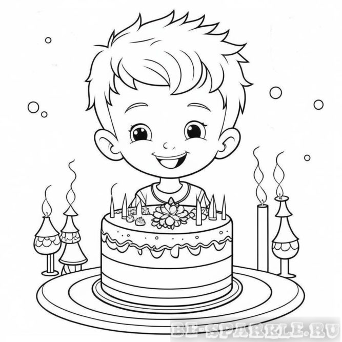мальчик с тортом со свечками раскраска день рождение