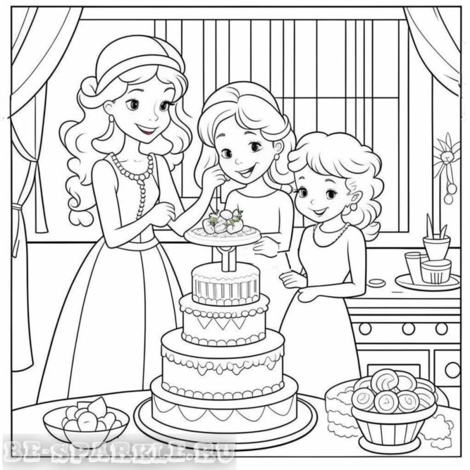 день рождения раскраска девочки возле торта
