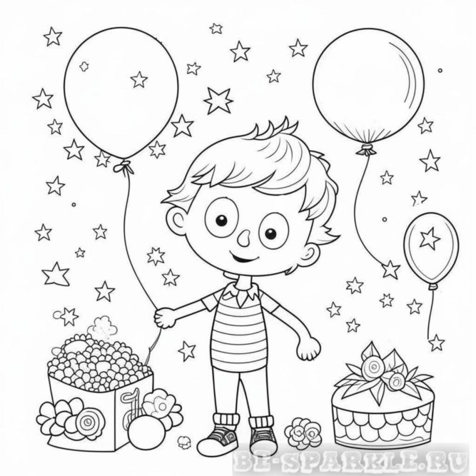 раскраска день рождения мальчик с воздушными шариками