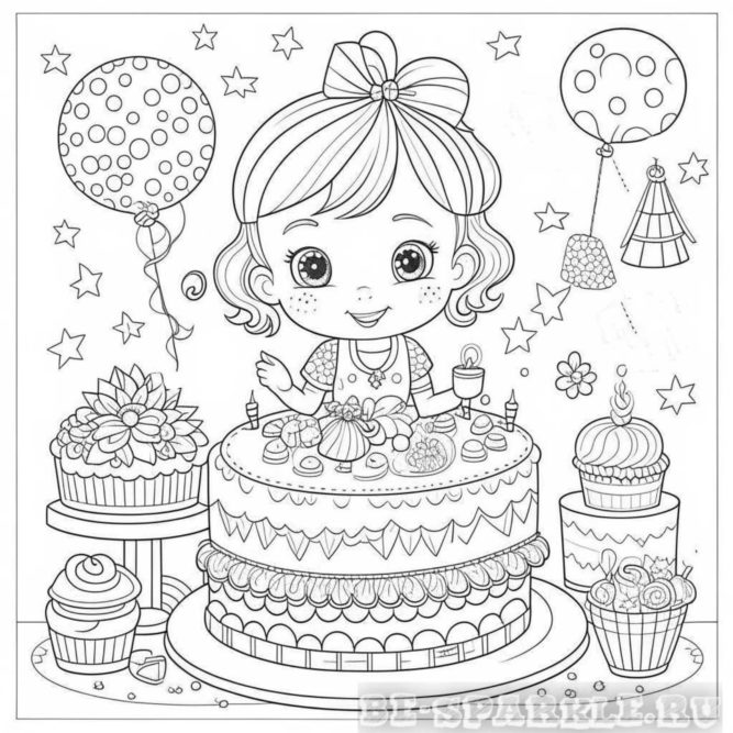 день рождения раскраска девочка с тортом и сладостями