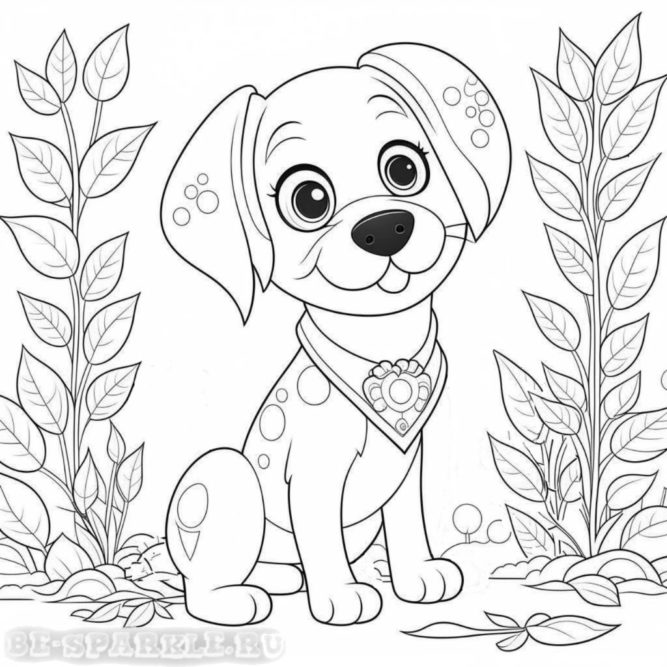 раскраска собака рядом с веточками листьев