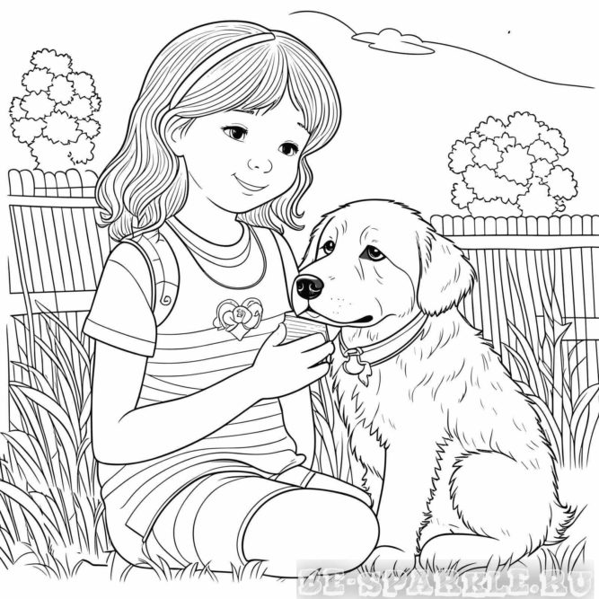 девочка с собакой сидят на траве раскраска