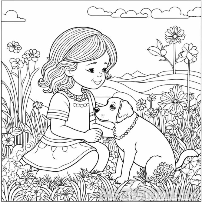 раскраска девочка с песиком в цветочном поле