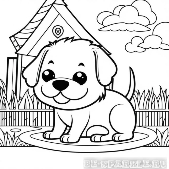 раскраска щенок на фоне домика