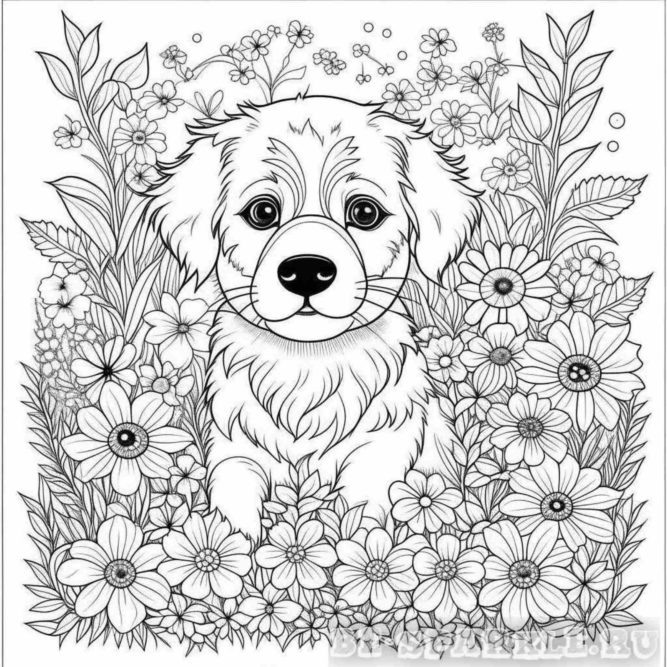 раскраска щенок сидит в цветах