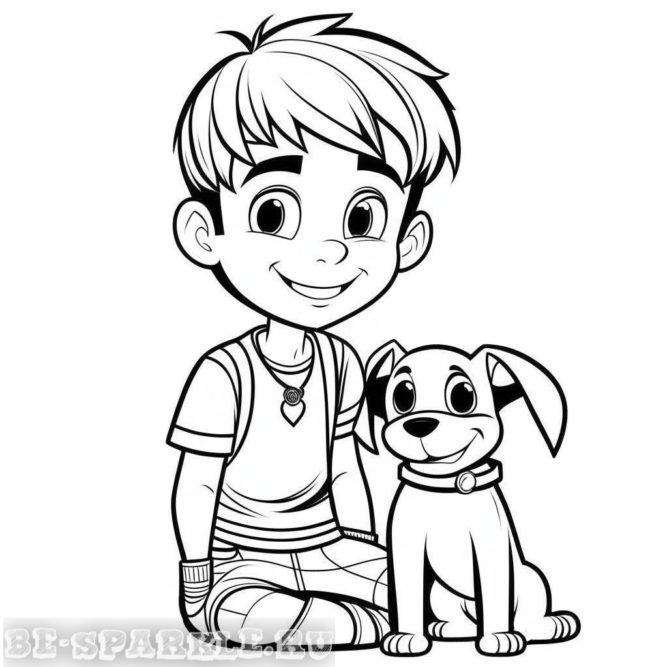 раскраска мальчик сидит рядом с собакой