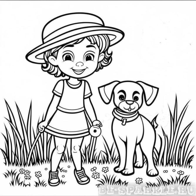 раскраска девочка в шляпе гуляет с собакой на улице