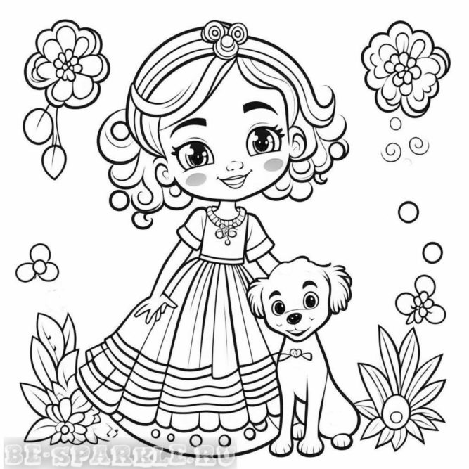 раскраска девочка в пышном платье с собачкой