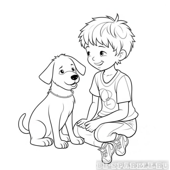 раскраска мальчик сидит с собакой