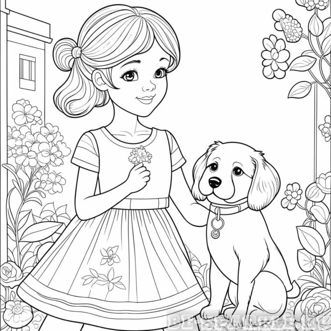 раскраска девочка с цветочками в руке и рядом собачка